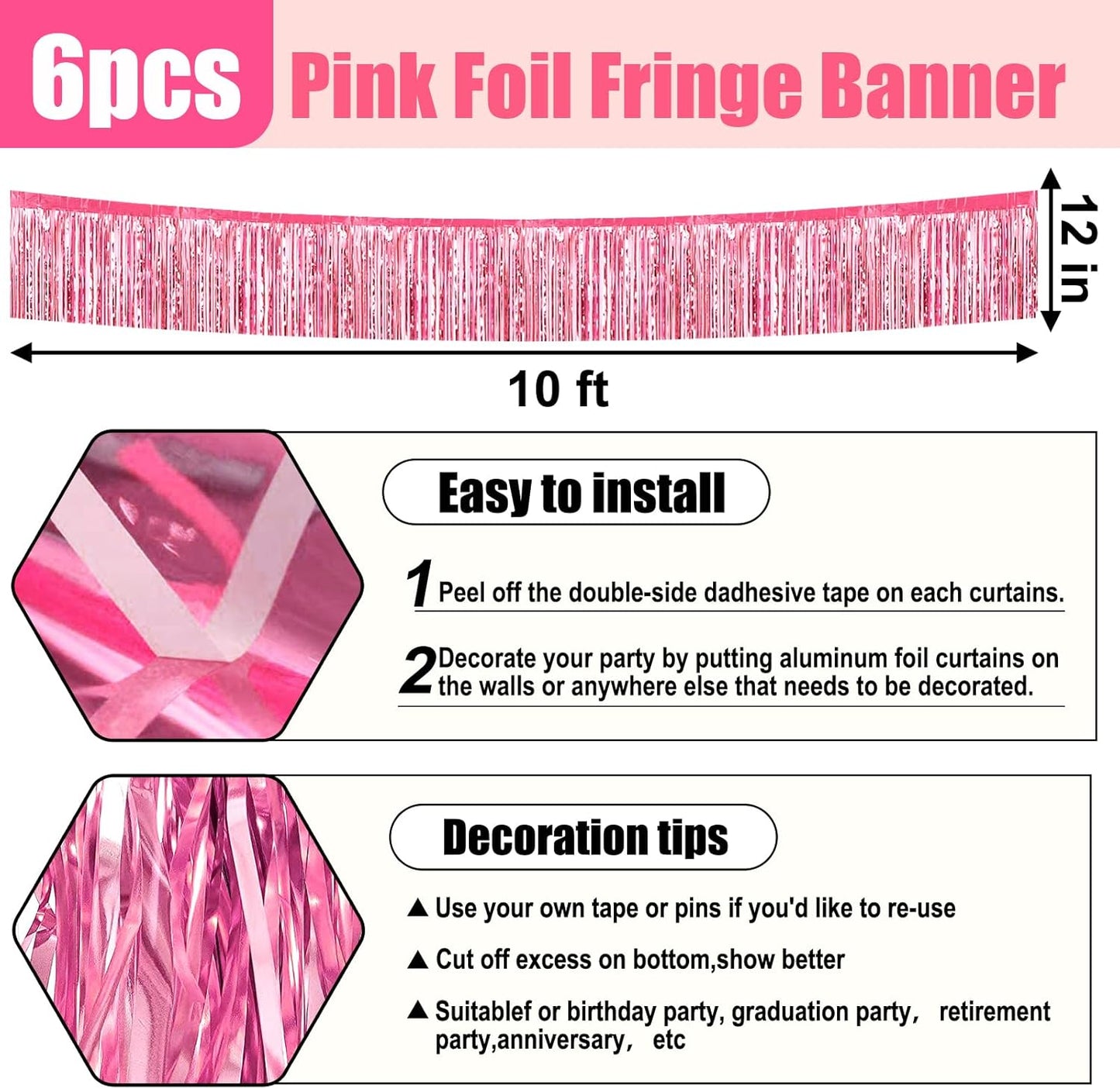 6 Pack 10 Feet Pink Foil Fringe Garland Metallic Tinsel Streamers Banner Wall Hanging Curtain Backdrop for Parade Floats, Birthday, Graduate, Mother's Day, Wedding Party Decoration