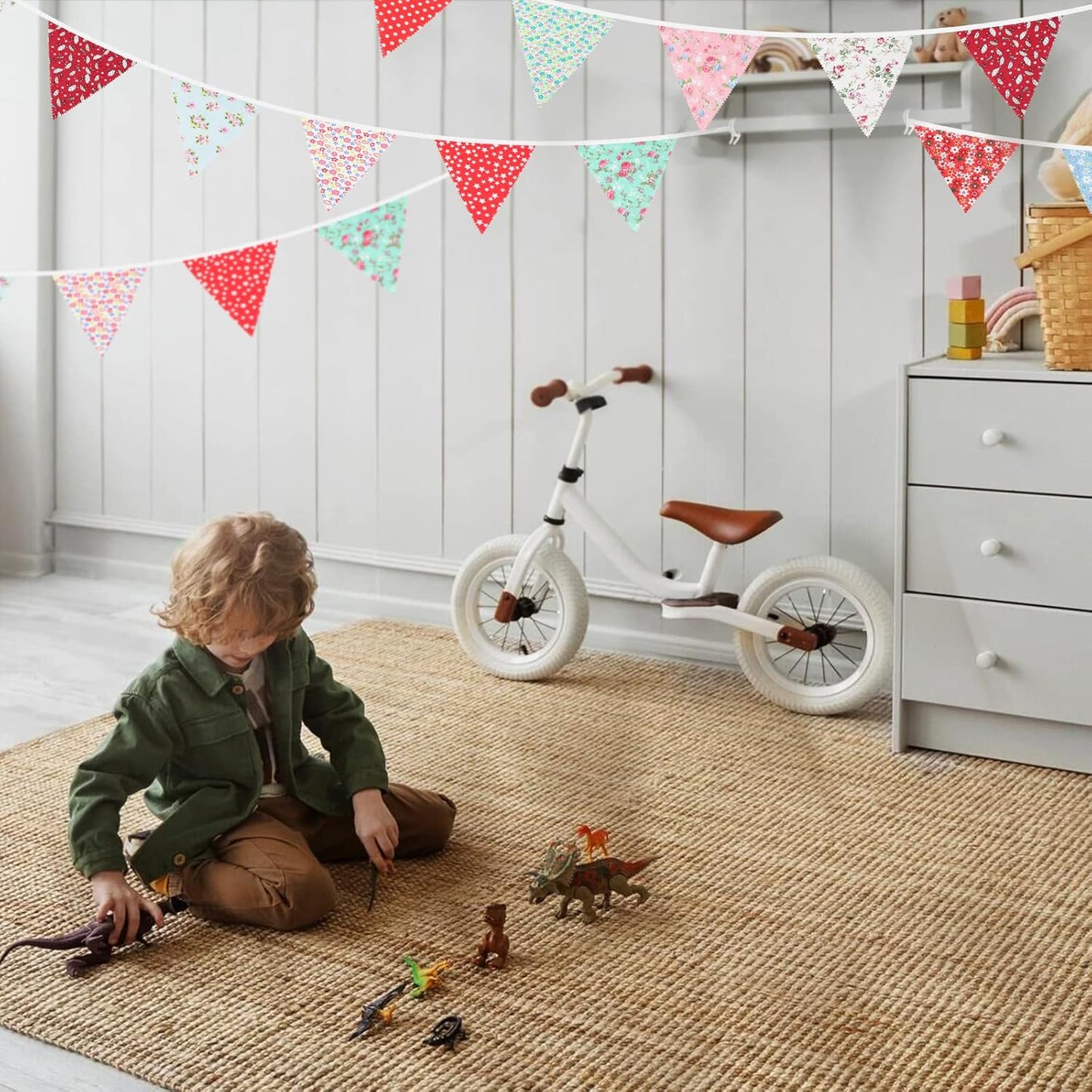 jijAcraft 39Ft Triangle Bunting Banner, 42Pcs Tea Floral Party Bunting Cotton Fabric Flags Pennant Garlands for Birthday Party, Wedding, Baby Shower, Outdoor and Home Decoration(Red Blue and White)