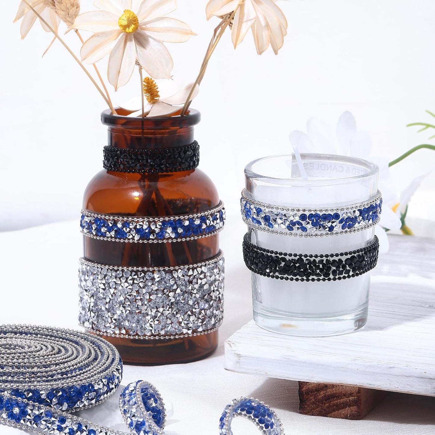 Self Adhesive Rhinestone Ribbon Diamond Ribbon Sticker Crystal Roll Glitter Bling Rhinestones Tape for Crafting DIY Art Decoration (Silver and Blue, 0.4 Inches*3 Yards)