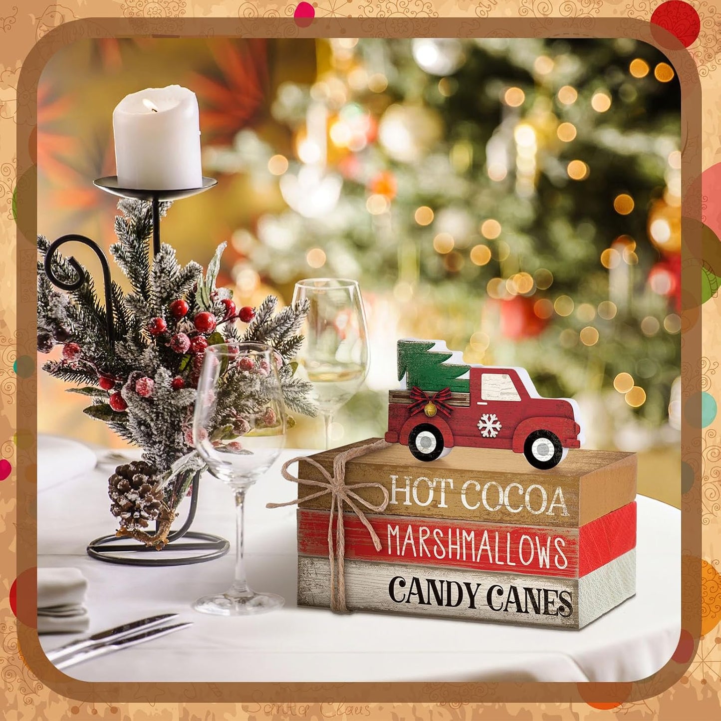 4 Pcs Christmas Table Decorations Red Truck Winter Tiered Tray Decorations Rustic Merry Christmas Table Centerpiece Wooden Books Signs for Office Shelf Classroom Tabletop Bookshelf