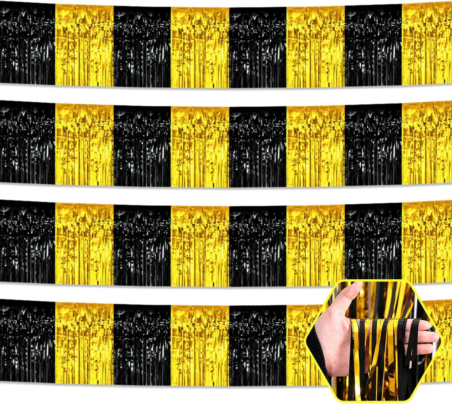 4 Pack 10 Feet Black Gold Foil Fringe Garland Metallic Tinsel Streamers Banner Wall Hanging Curtain Backdrop for Parade Floats, Wedding, Graduate, Mother's Day, Birthday Party Decoration