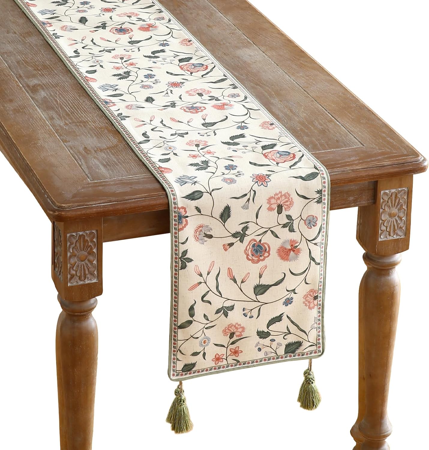 ISAENNE Designer Chinoiserie Elegant Linen Floral Table Runner 71 Inches Long,White Wrinkle Resistant Table Runners for Dining Tables,Thanksgiving,Kitchen Tables,Christmas,12"*71"-Daffy A