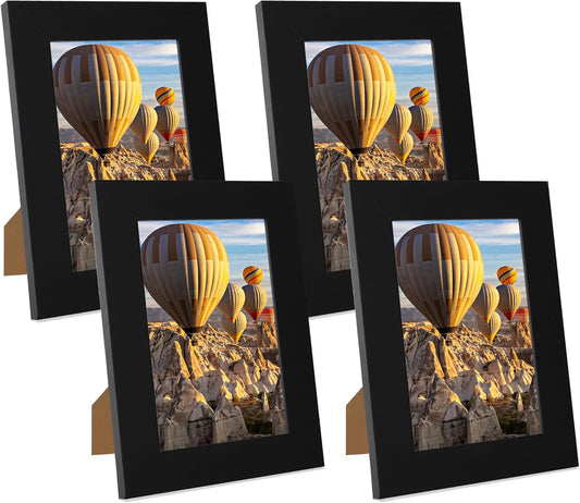 5x7 Picture Frame Set of 4, High Definition Glass Black Picture Frame, 5 x 7 Wood Rustic Photo Frames for Horizontal or Vertical Table Top and Wall Mounting
