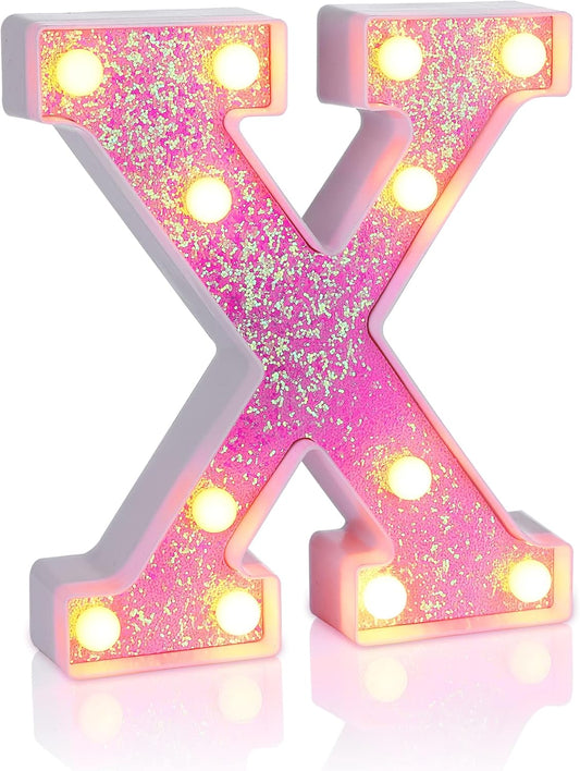 Foaky Pink Light up Letters，Pink Party Decorations,Girls Room Decor,Glitter Light Up Letters,Alphabet Letter Sign for Night Light Birthday Party Girls Gifts, Home Bar Decoration（X）