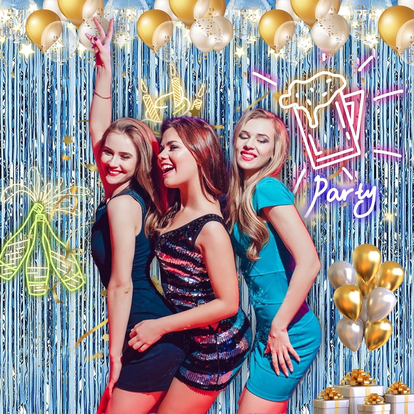 2 Pack 3.28 ft x 6.56 ft Light Blue Tinsel Curtain Party Backdrop - Metallic Foil Fringe Backdrop Door for Halloween, Christmas, Birthday Graduation Wedding Party Streamers Photo Backdrop.