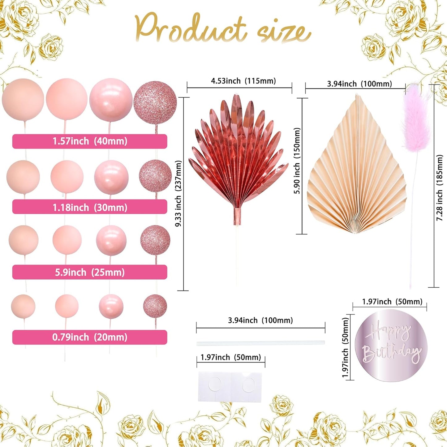 Ephlyn 33 Pack Balls Cake Toppers Boho Palm Leaves Cake Decorations Round Acrylic Happy Birthday Cupcake Toppers for Birthday Wedding Baby Shower Party Supplies Rose Gold
