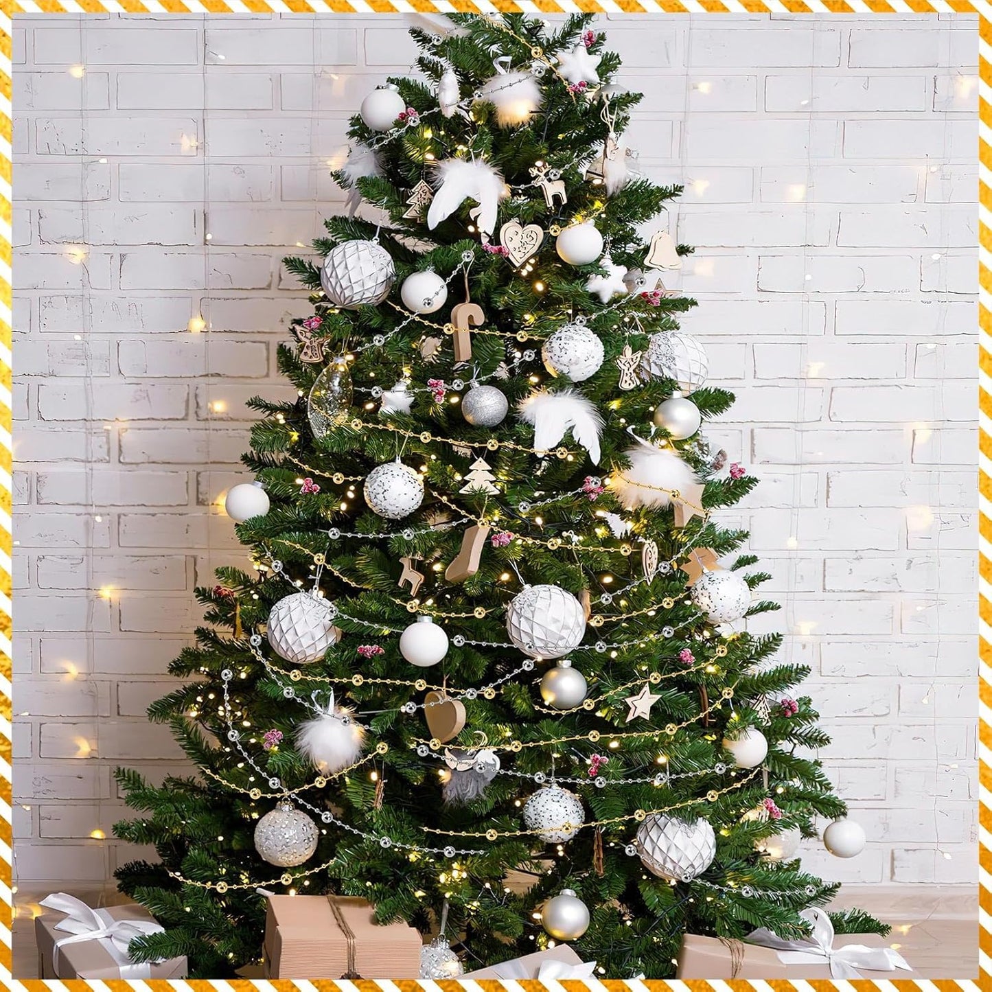 JULBEAR Beads Garland Decoration, 1Rolls 131Feet Silver Christmas Pearl Strands Chain Bead Garland for Christmas Tree Fireplace Wreath Gift Bouquet Crafts Wrapping Party Centerpieces Decoration