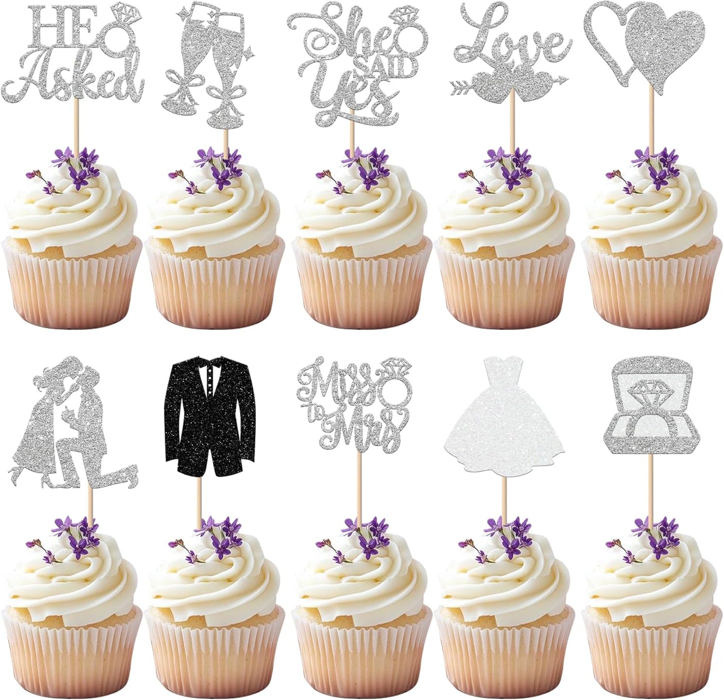 30 Pack Bride to be Cupcake Toppers Glitter Diamond Ring I Do Love Cupcake Picks Miss to Mrs He Asked She Said Yes Bridal Shower Wedding Engagement Bachelorette Cake Decorations Silver