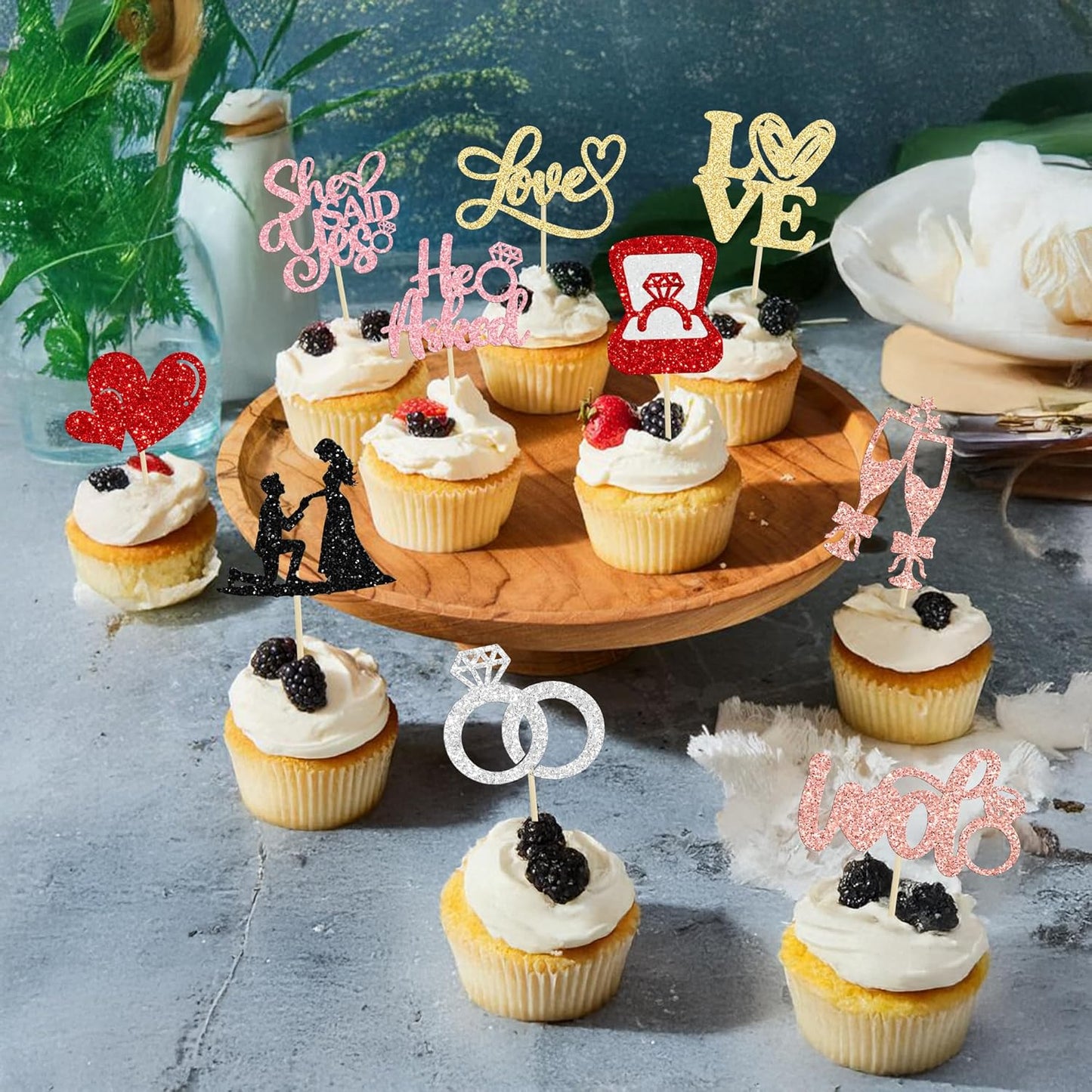 Ephlyn 30Pcs He Asked She Said Yes Cupcake Toppers Glitter Engagement Cupcake Toppers Diamond Ring Heart Love I Do Cupcake Picks for Engagement Wedding Party Cake Decorations Multicolor