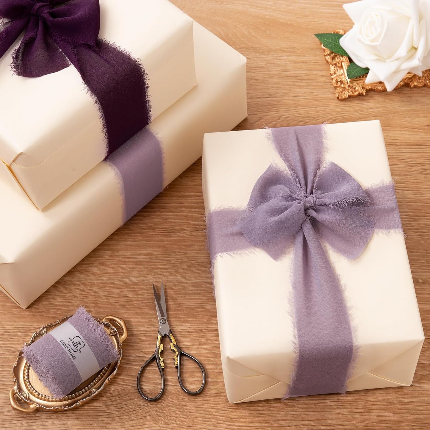 DORIS HOME 2" x21Yd Chiffon Ribbon for Flower Bouquet, Purple & Ivory Fabric Ribbon for Gift Wrapping, Handmade Frayed Ribbon for Wedding, Chiffon Silk Ribbon for Christmas Decorations