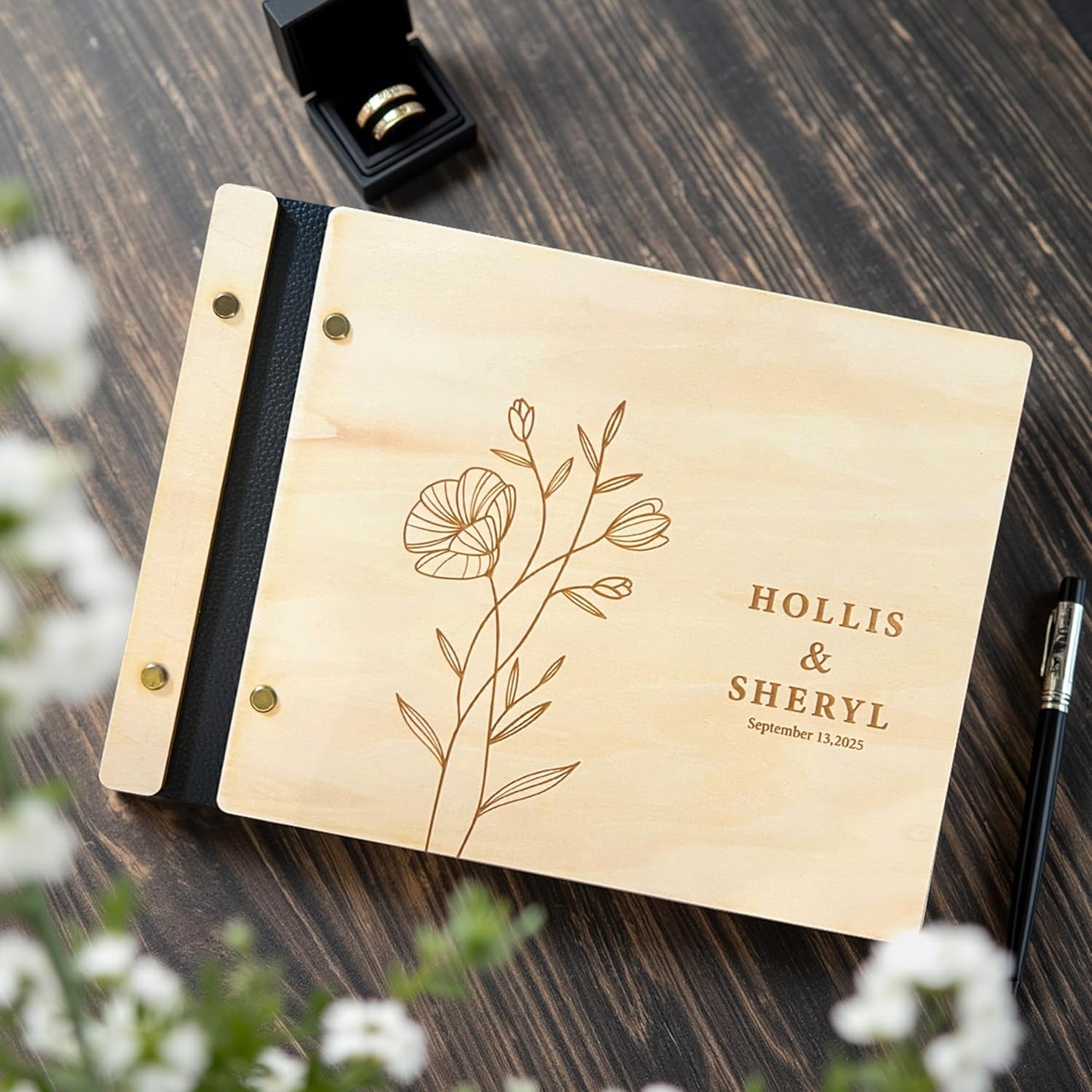 NBE Personalized Wooden Guest Book - Custom Wedding Sign-In Book with Burgundy Spine - Rustic Photo Album for Messages & Polaroids - Couples Keepsake Memory Gift (8.5x11.5 Inches)