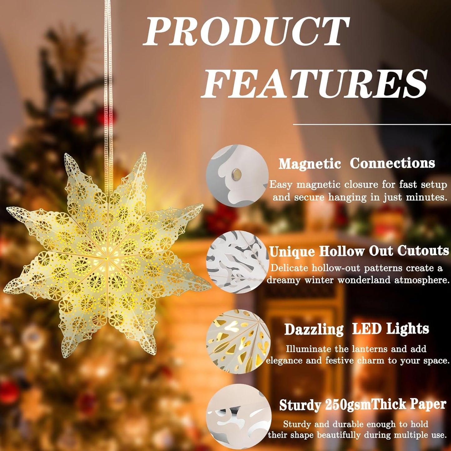 5 Pcs Christmas Paper Snowflake Lanterns, Large 3D Christmas Paper Star Lanterns with LED Lights, White Silver Hanging Snowflake Lamps for Xmas Winter Frozen Weddings Holiday Party Decorations