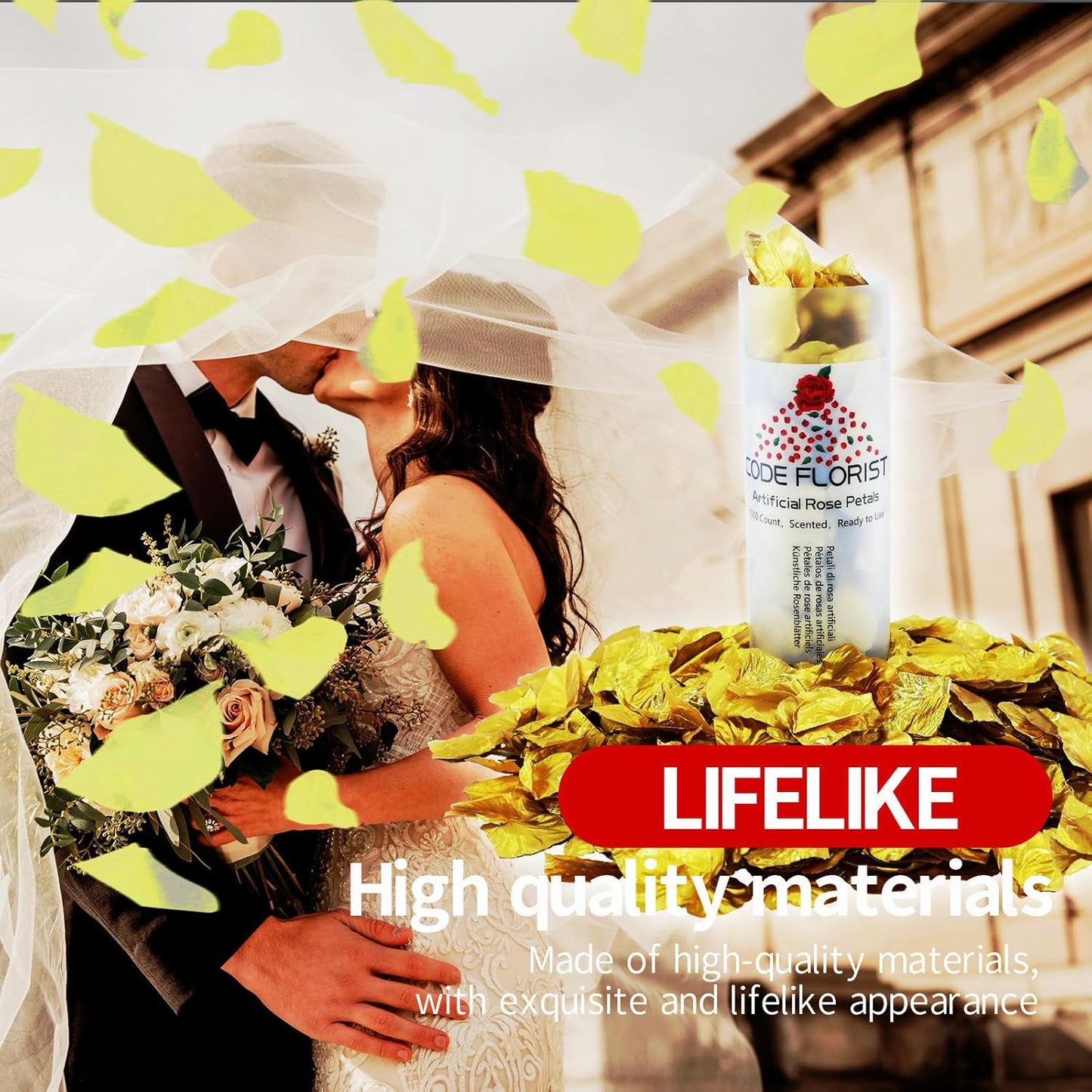 CODE FLORIST 1500 PCS Silk Rose Petals for Valentine's Day,Fake Rose Petals for Romantic Night,Wedding,Proposal Anniversary Flower Decorations(Separated,Scented,Gold)