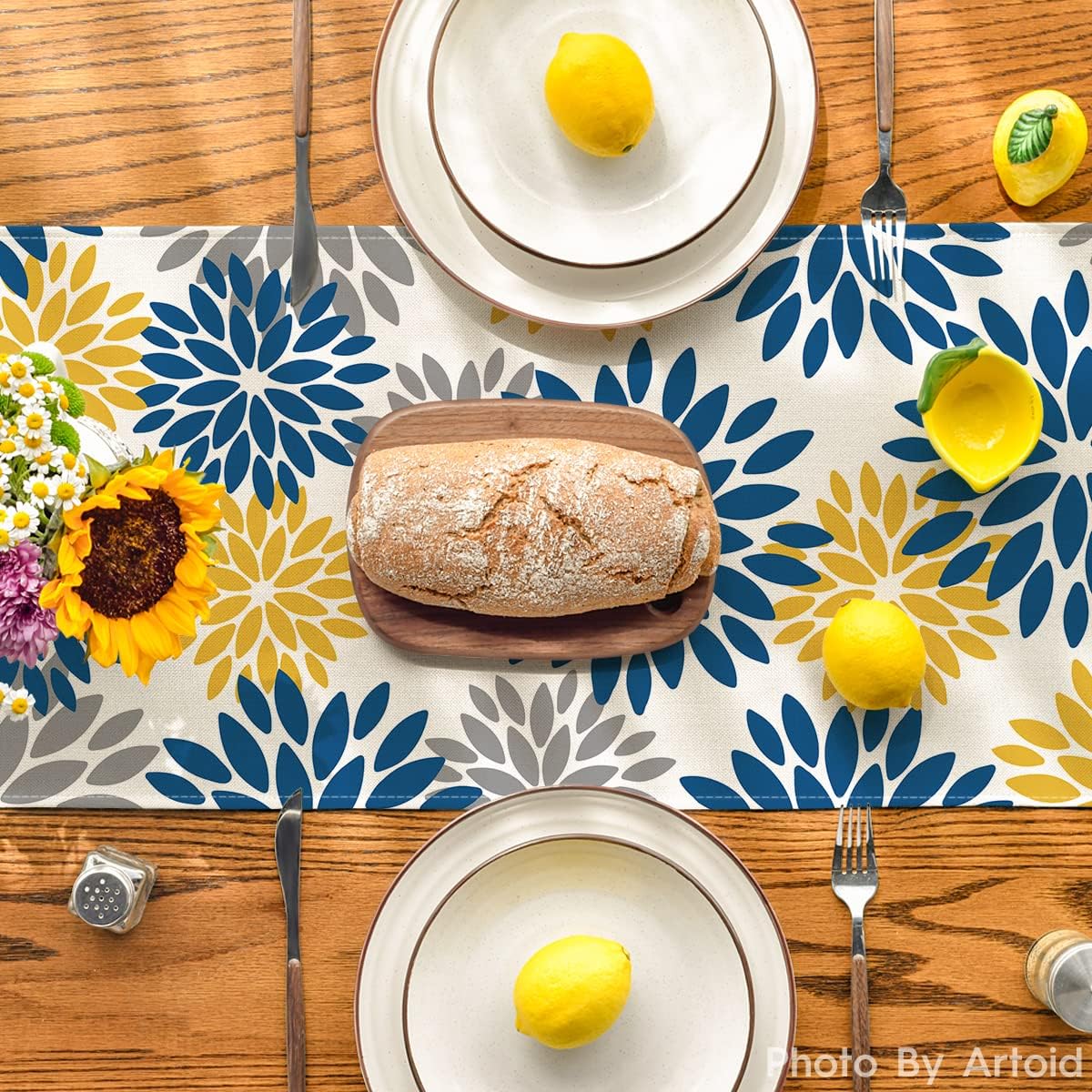 Artoid Mode Blue Dahlia Floral Pinnata Summer Table Runner, Spring Kitchen Dining Table Decoration for Home Party Decor 13x48 Inch