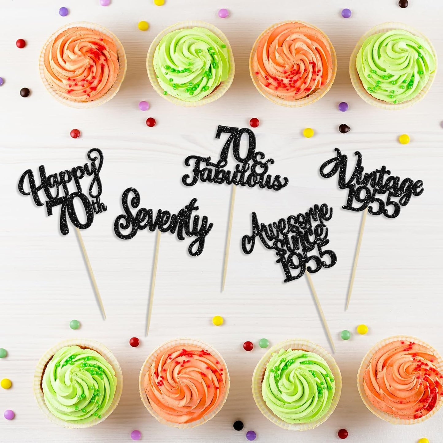 30Pcs Happy 70th Birthday Cupcake Toppers Glitter Seventy Vintage 1955 Cupcake Picks Cheers to 70 Fabulous Cake Decorations for 70th Birthday Wedding Anniversary Party Supplies Black