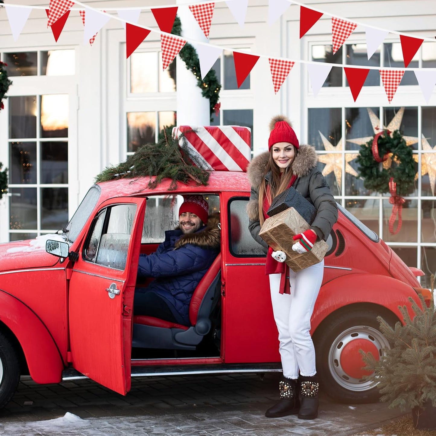 Red Plaid Checkered White Pennant Banner Flag Triangle Bunting Garland Decorations for Wedding Birthday Carnival Christmas Outdoor Home Festivals 33Feet 30 Pcs