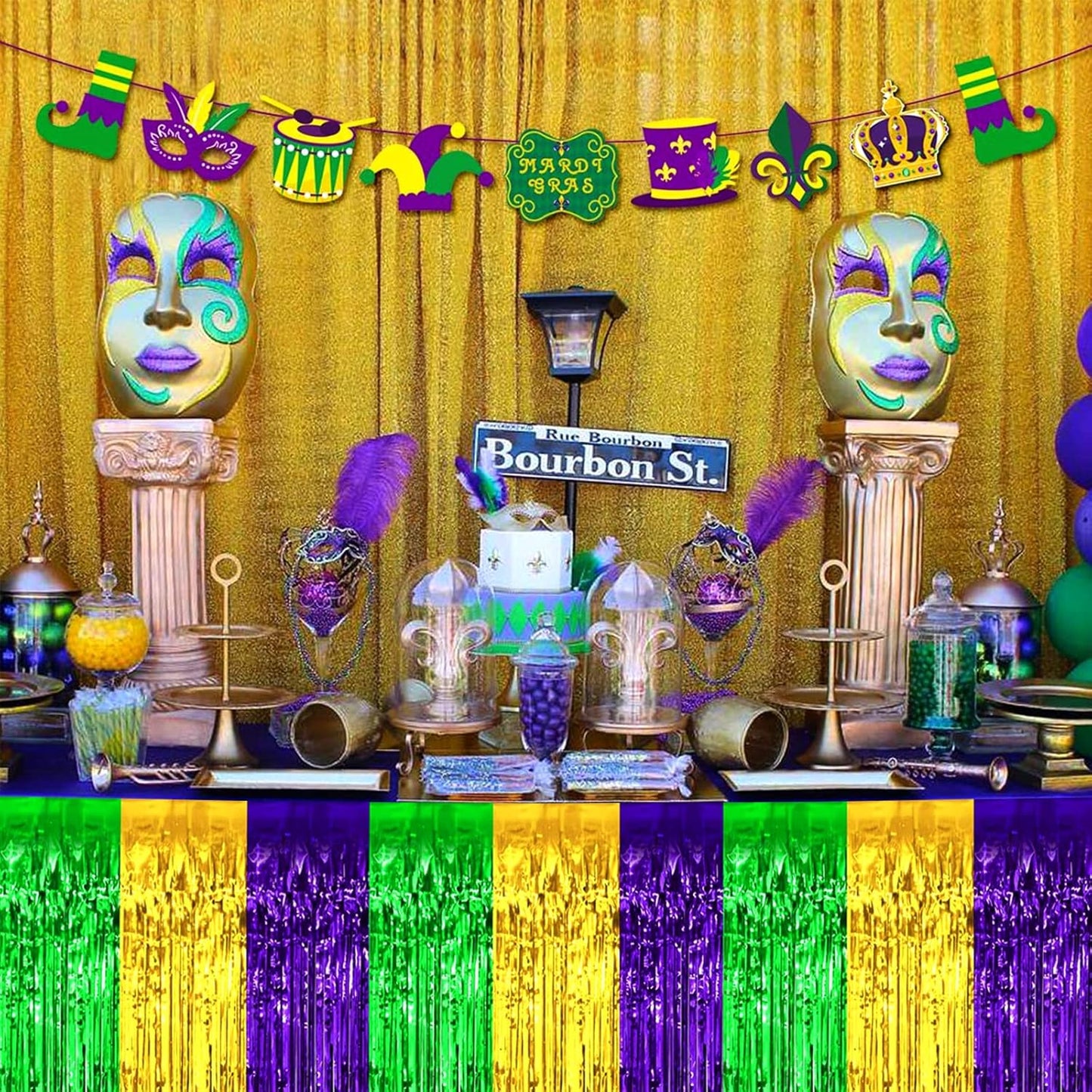 4 Pack 29x108 Inch Mardi Gras Metallic Foil Fringe Tinsel Table Skirts for Rectangle Tables Streamer Backdrop for Wedding, Birthday, Parade Floats, Valentine's Day Party Decoration(Gold Green Purple)
