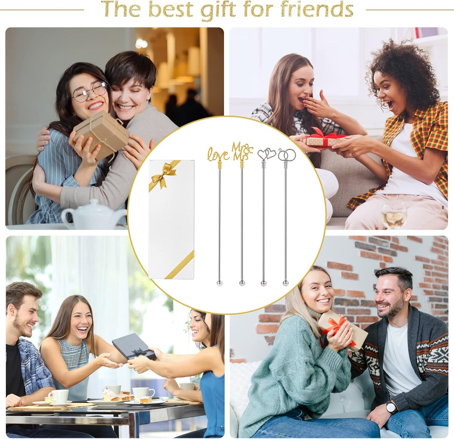 4Pcs Cocktail Stirrers Swizzle Sticks Stainless Steel 7.3" Coffee Stir Sticks with Gold Mr & Mrs,LOVE Shape, for Mixing Cocktail Metal Stir Sticks for Coffee Bar