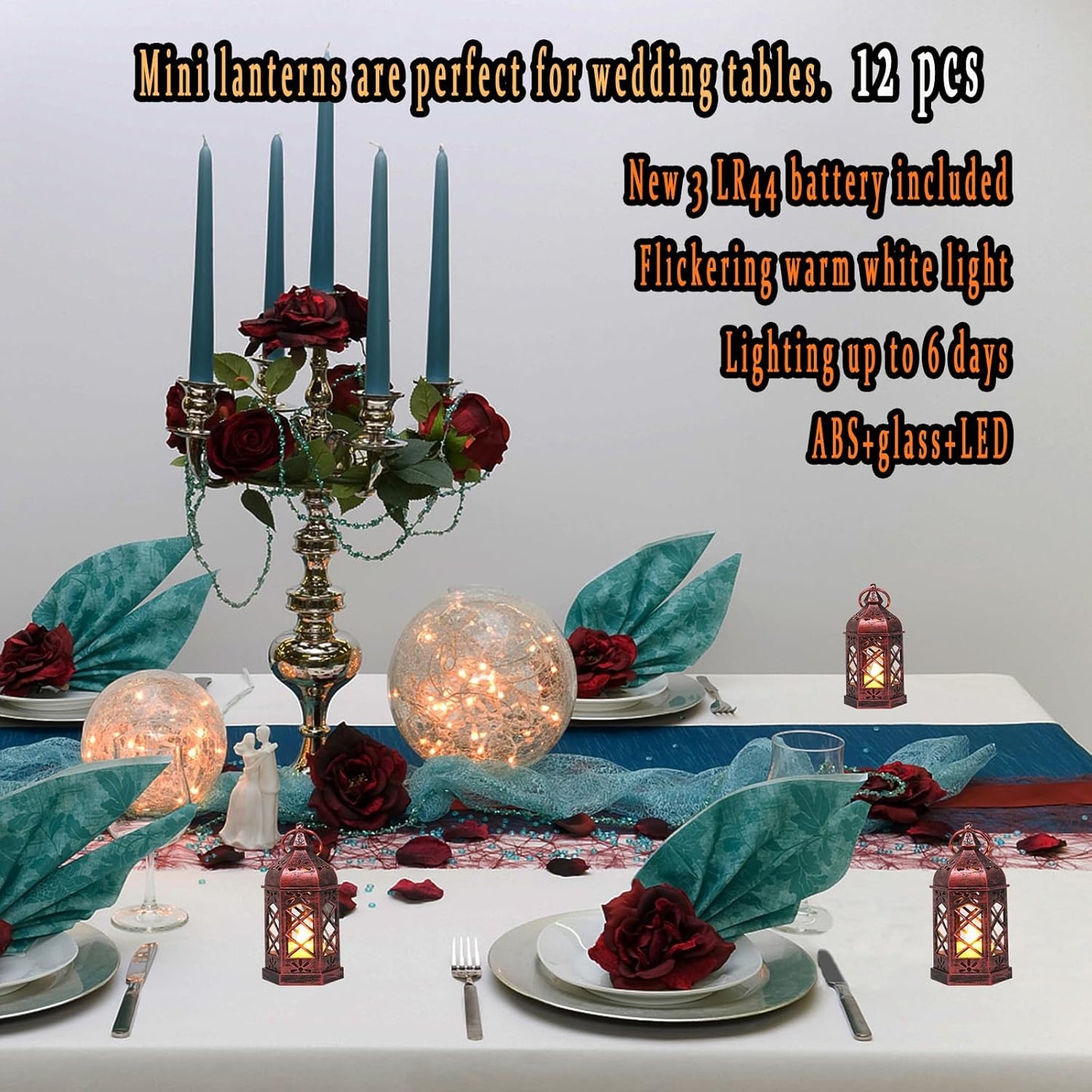 12PCS Mini Lantern with Flicker LED Candle for Halloween Decorations, Small Lanterns Decorative, Vintage Hanging Moroccan Lantern for Wedding Halloween Christmas Decor, Table Centerpiece, Rose Gold