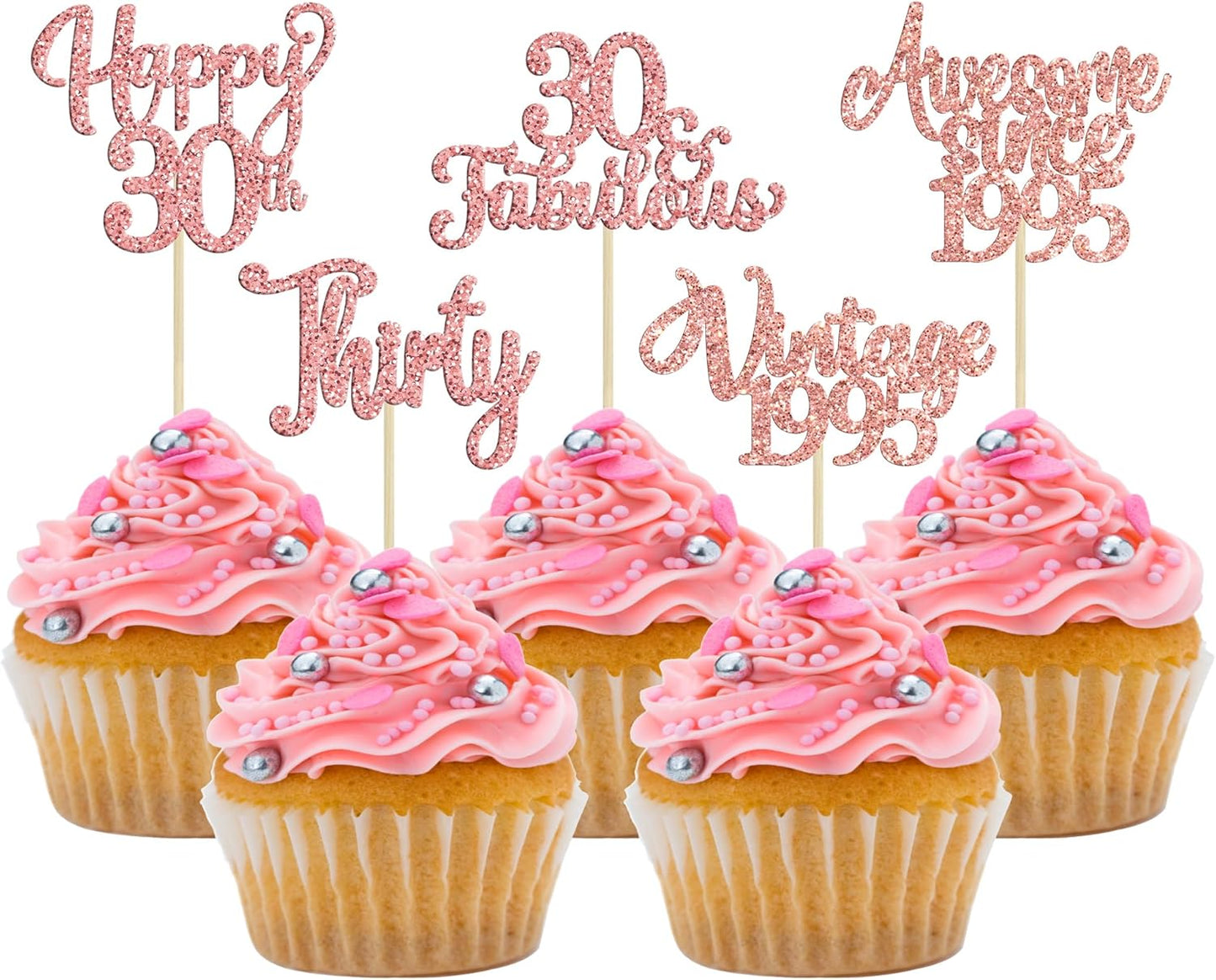 30Pcs Vintage 1995 Cupcake Toppers Glitter Thirty 30 Fabulous Happy 30th Birthday Cupcake Picks Cheers to 30 Years for 30th Birthday Anniversary Party Cake Decorations Supplies Rose Gold