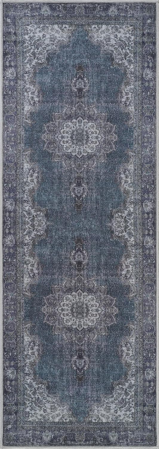 Bloom Rugs Washable Non-Slip 7 ft Runner - Dark Teal Traditional Medallion Runner for Entryway, Hallway, Bathroom, and Kitchen - Exact Size: 2.5' x 7'
