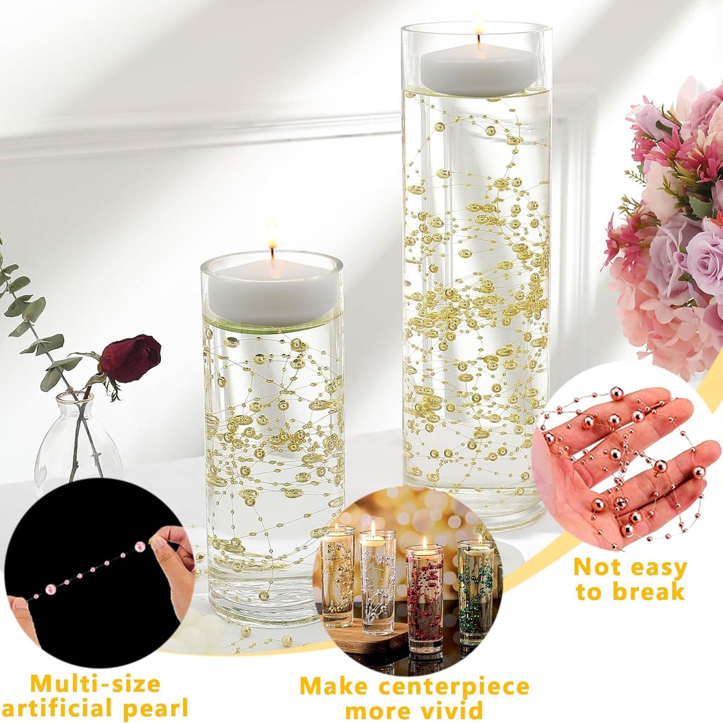 100 PCS Artificial Floating Beads for Centerpieces Vases, Black Gold 8+3mm String Beads for Wedding Party Faux Pearl String for Decorating, String Pearls for Crafts Vase Filler