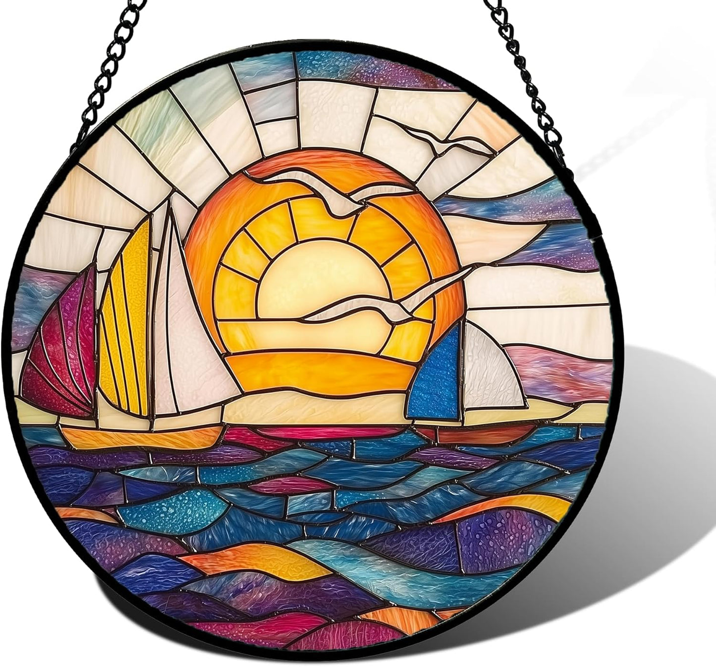 Stained Glass Window Hanging, Sailboat and Waves Suncatcher Diamond Glass Panel Hangings Sun Catchers Decor for Birthday for Women, Men, Wife, Aunt, and Mom 7.8 in