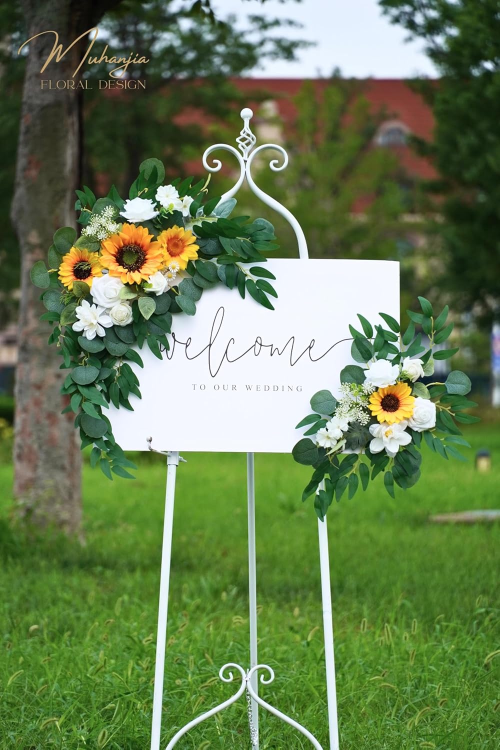 Wedding Sign Faux Flower Swag (Pack of 2) for Ceremony Party Reception Entrance Floral Decor Wall Easel Stand for Wedding Poster Welcome Sign(Sunflower)