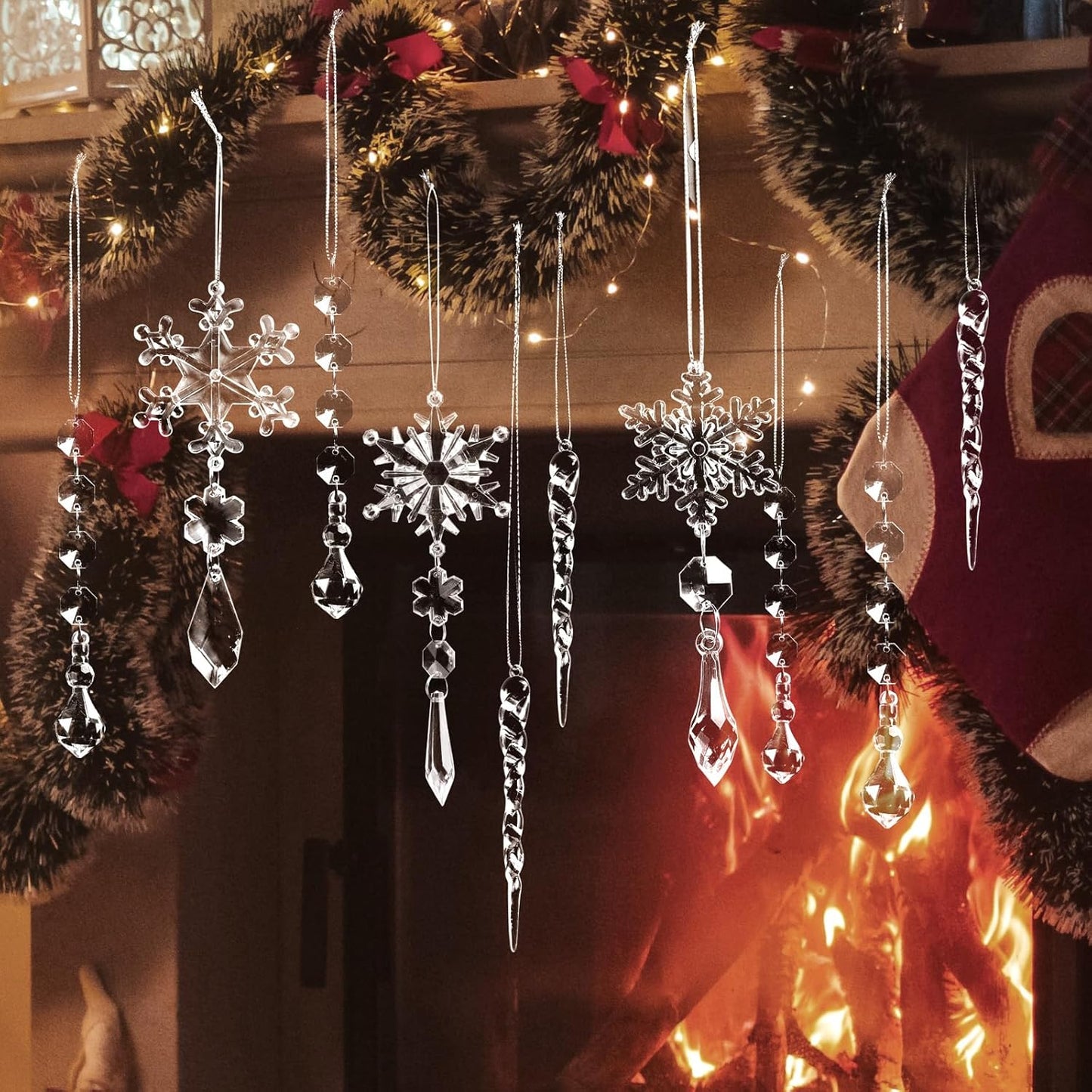 20pcs Christmas Ornaments Set for Tree - Hanging Acrylic Crystal Snowflake Icicle Drop Decorations for Winter Christmas Tree, New Year Party Supplies