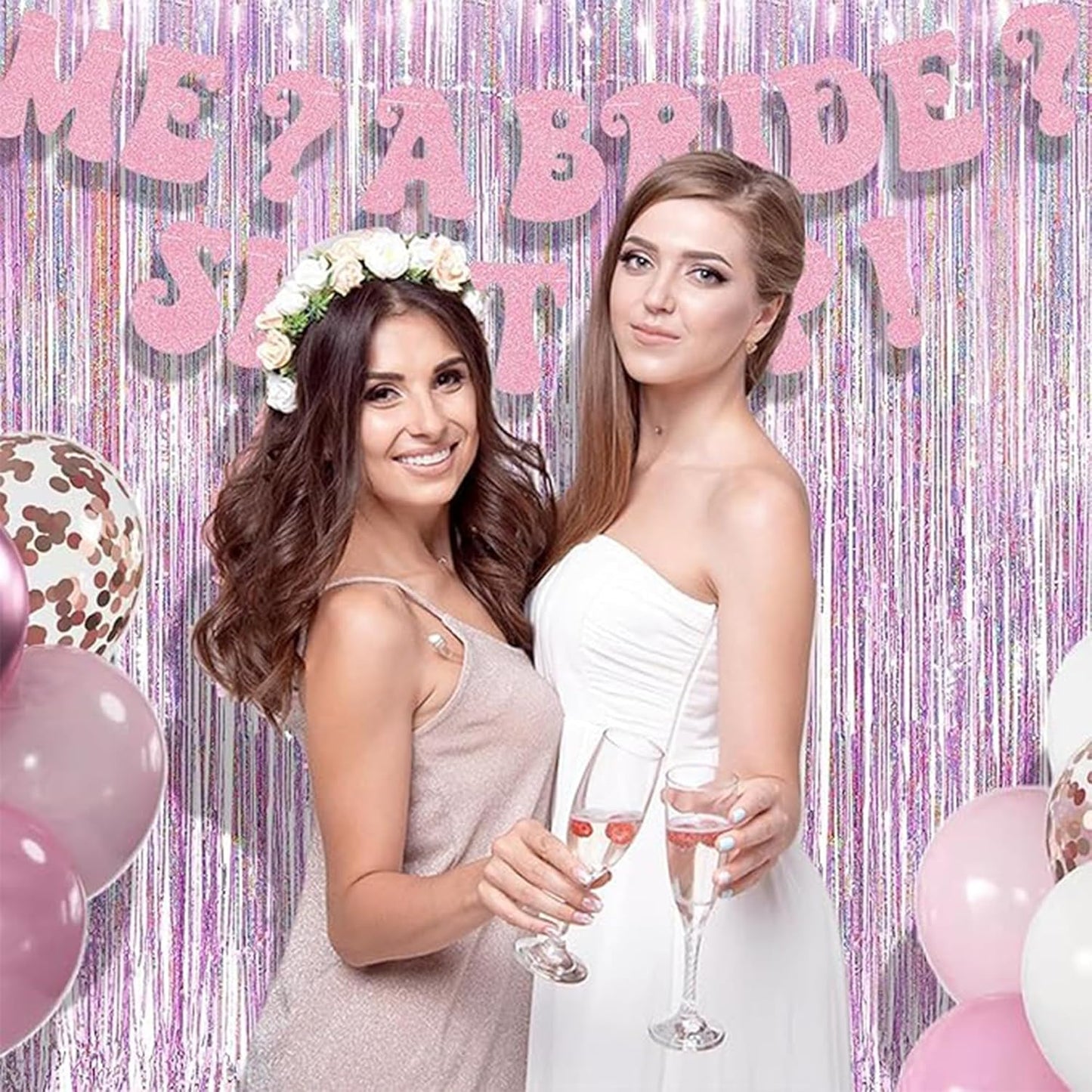 BRAVESHINE Pink Streamers Tinsel Foil Fringe Curtains - 2Pcs 3.2x8.2ft Metallic Photo Booths Backdrop for Girl/Princess/Birthday/Bridal Shower/Engagement/Bachelorette/Boo/Halloween Party Decorations