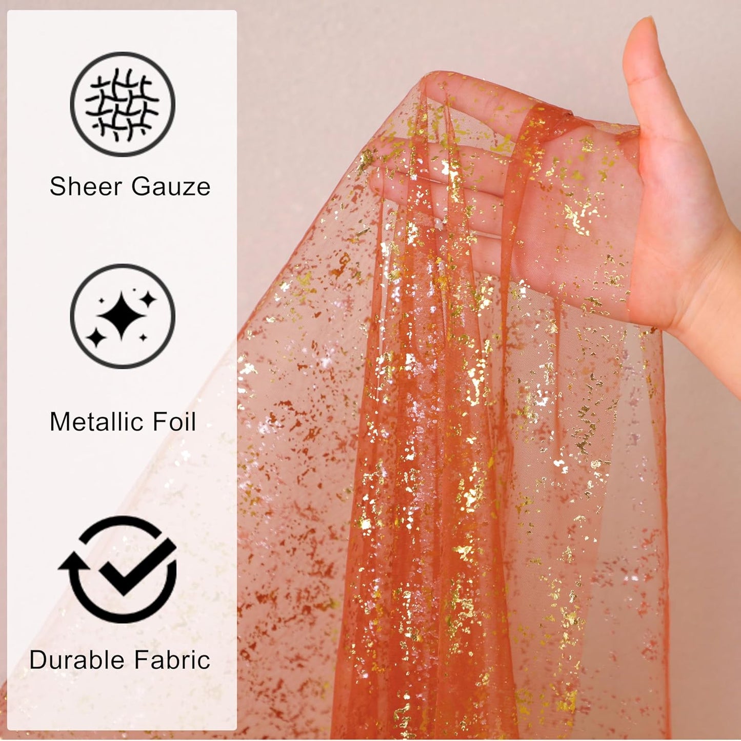 Snowkingdom 10 FT Fall Thanksgiving Table Runner Terracotta Gold Table Runner Burnt Orange Rust Sheer Chiffon Gauze Cheesecloth Golden Sequin Metallic Boho Table Decorations for Wedding Birthday