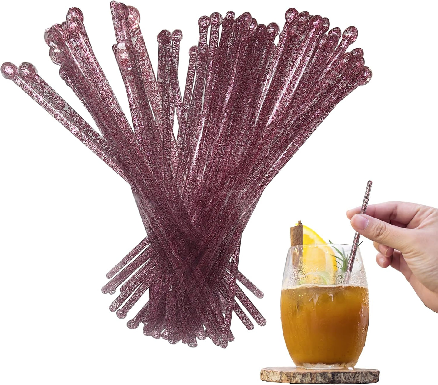 Coffee and Cocktail Stirrers, Reusable Plastic Drink Stirrer Sticks, 100 Ball Head Swizzle Sticks, Use as a Cocktail Garnish or Cake Pop Stick, and Restaurant Supplies, 6 inch (Pink)