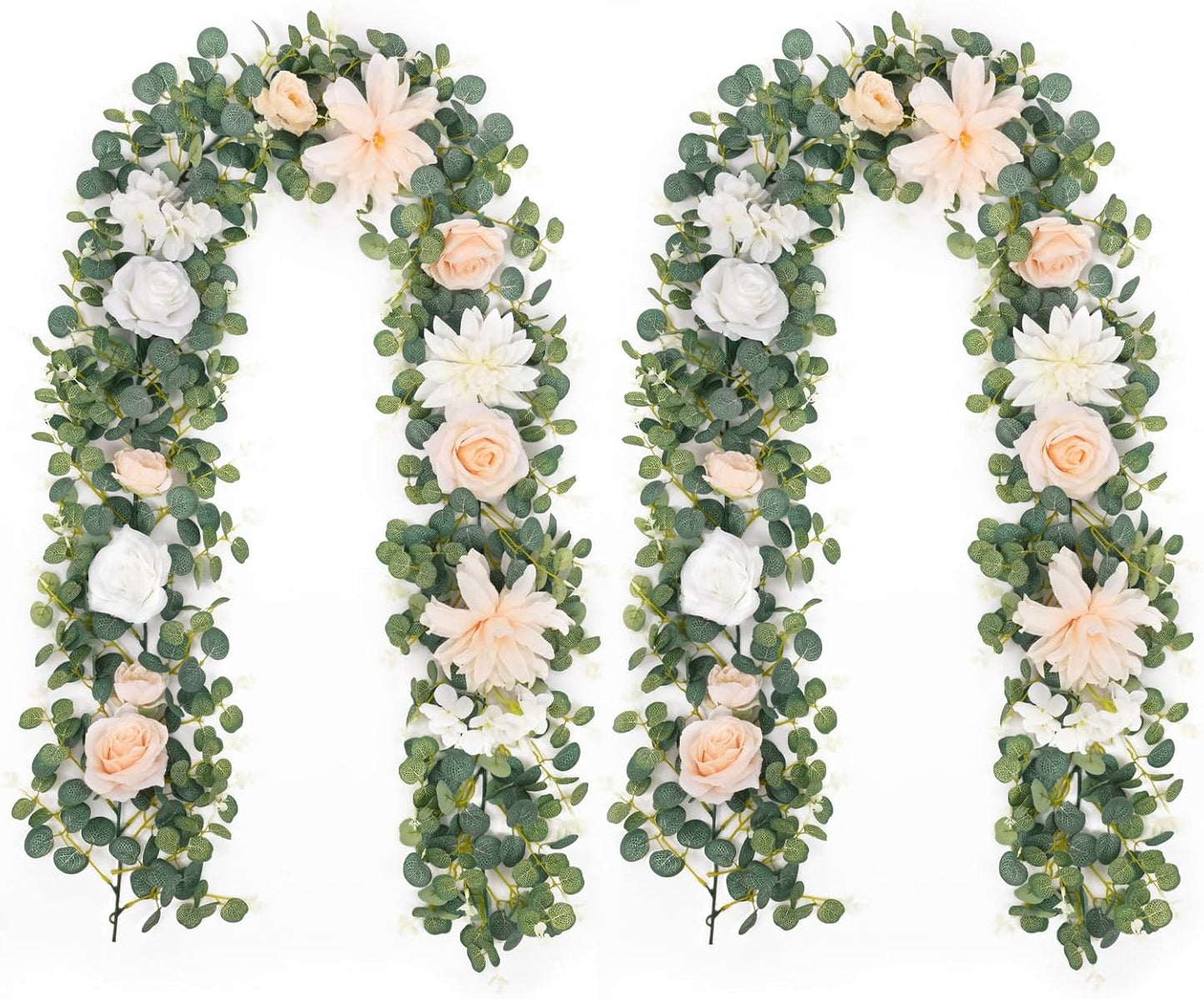 Waipfaru 2Pcs 6.07Ft Eucalyptus Greenery Garland with Flowers, Dusty Blue and White Rose Flower Vines for Wedding Table Runner Centerpieces Backdrop Room Decor