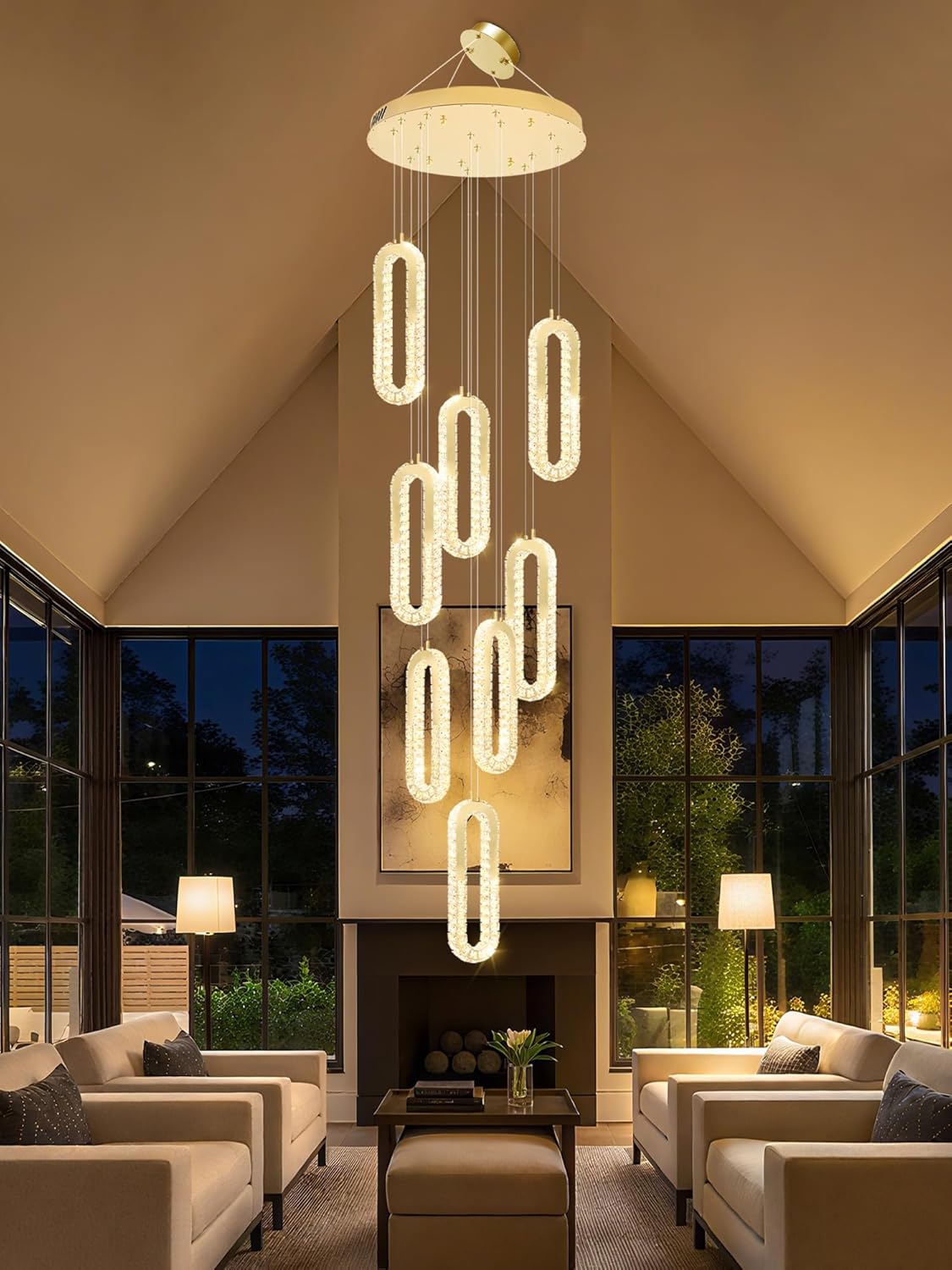 8 Rings Crystal Chandelier,H118 Modern Gold Pendant Light Luxury Foyer Lighting Fixture High Ceiling Chandelier for Entryway,Staircase,Living Room,Villa LED Dimmable 2700K-6000K