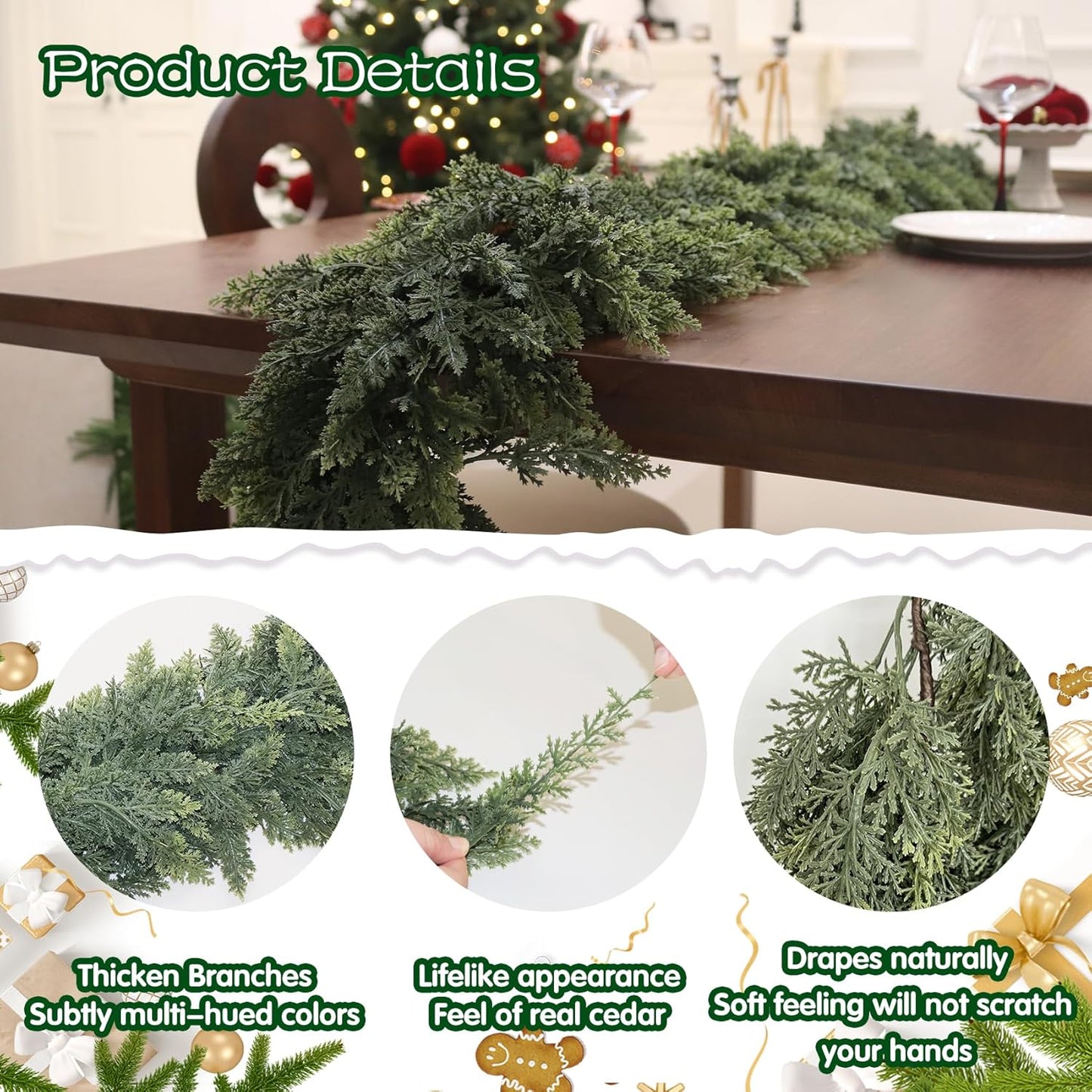 2PCS Artificial Cedar Garland for Christmas Decoration - Realistic Winter Greenery Garland for Mantel, Fireplace, Table, Door, Holiday Indoor Outdoor Decor 6FT