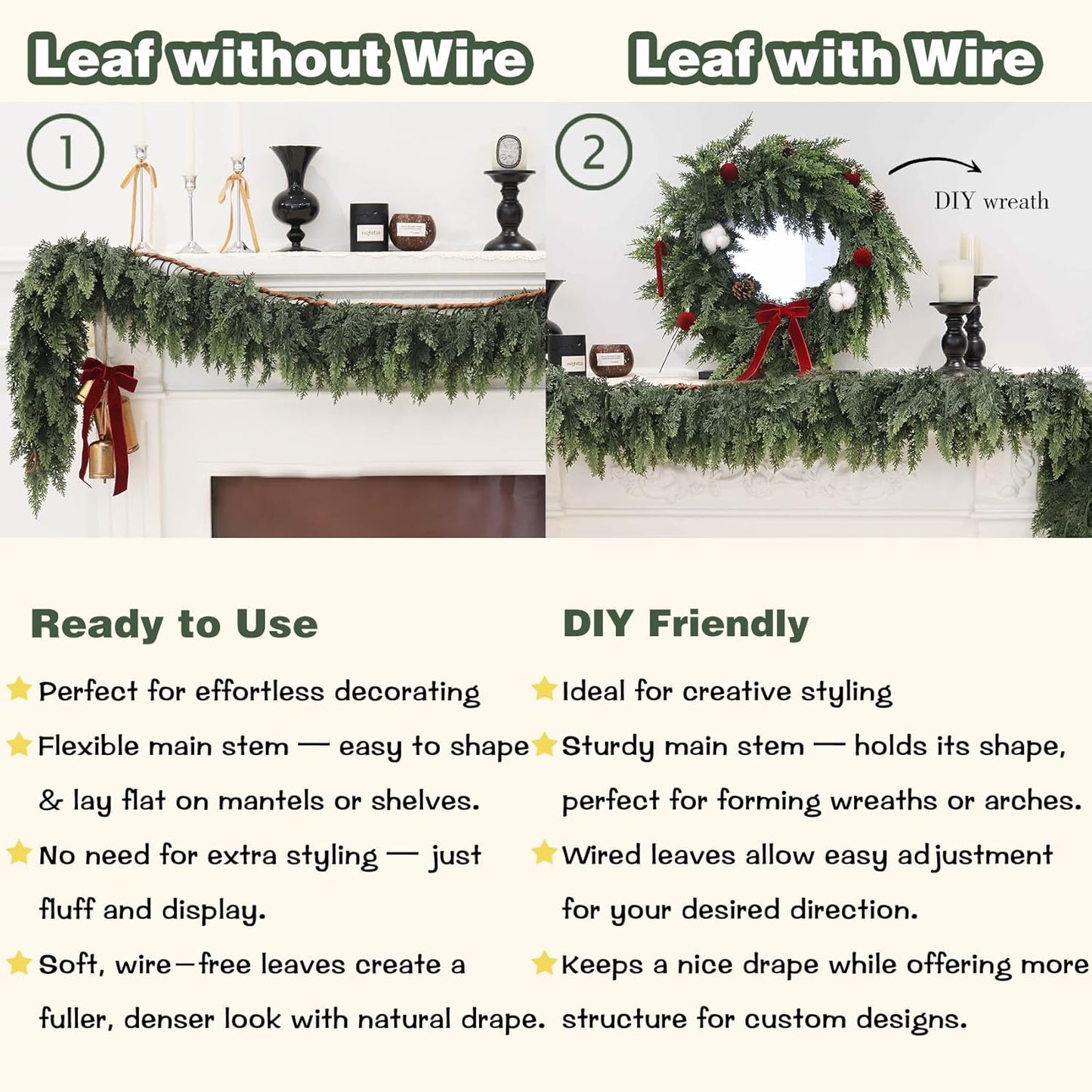 2PCS Artificial Cedar Garland for Christmas Decoration - Realistic Winter Greenery Garland for Mantel, Fireplace, Table, Door, Holiday Indoor Outdoor Decor 6FT