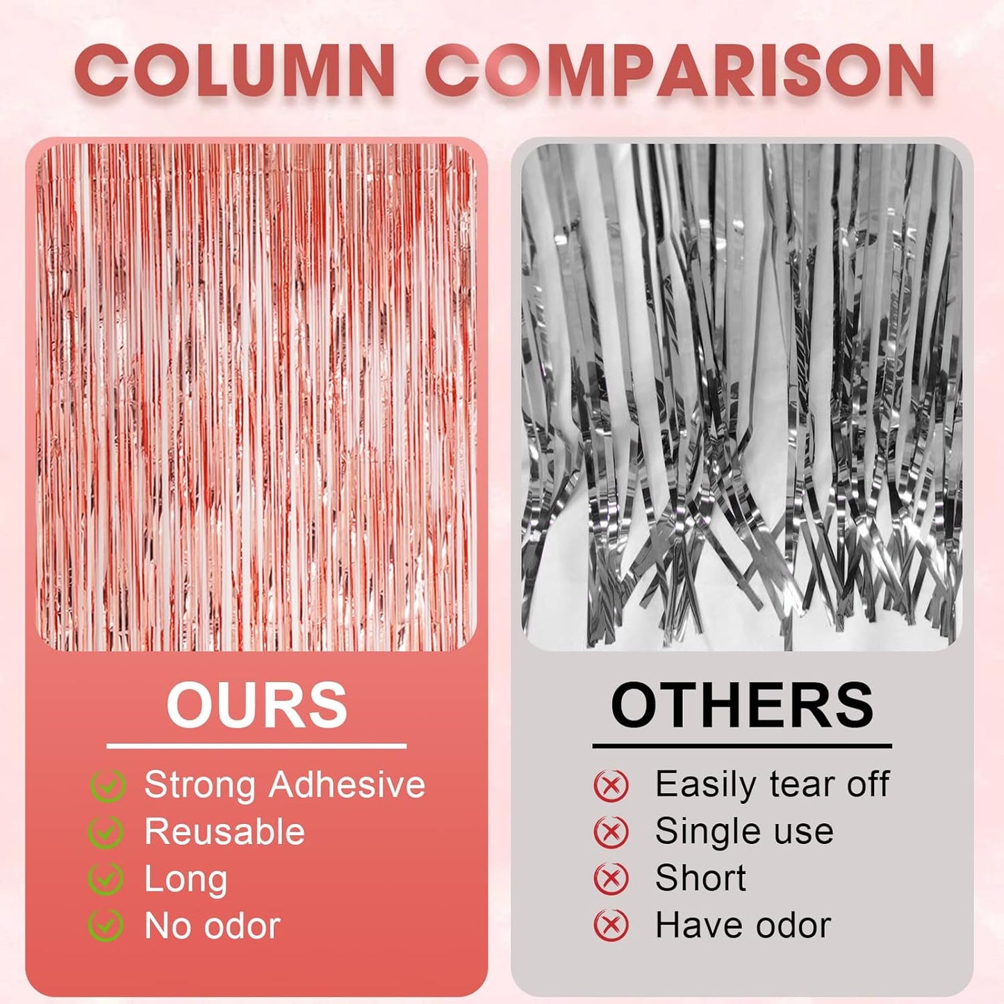 2 Pack Rose Gold Tinsel Foil Fringe Curtains, Rose Gold Party Decorations, Metallic Tinsel Party Streamers Backdrop for Birthday Baby Shower Graduation Wedding Party Decorations