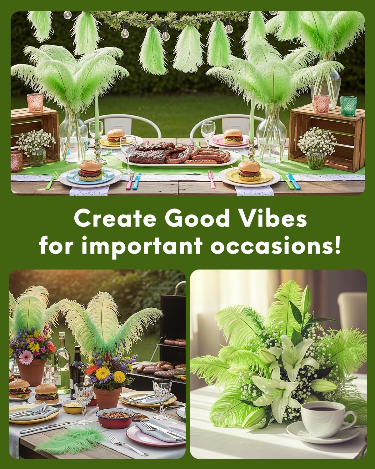 NEWONG 30pcs Fruit Green Ostrich Feathers Natural Bulk 11-14inch(28-35cm) Vase Craft Wedding Home Party Centerpieces Christmas Day Decoration