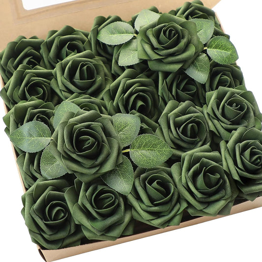 Floroom Artificial Flowers 50pcs Real Looking Emerald Green Foam Fake Roses with Stems for DIY Wedding Bouquets Bridal Shower Centerpieces Floral Arrangements Party Tables Home Decorations