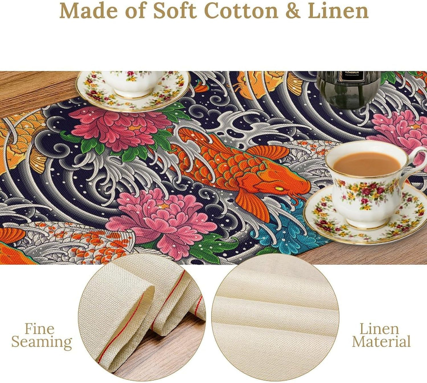 Japanese Retro Flowers Table Runner Oriental Tradition Kio Fish Art Printed Burlap Runner Home Kitchen Dining Table Living Room Decor Fabric 1 Panel W13xL70in