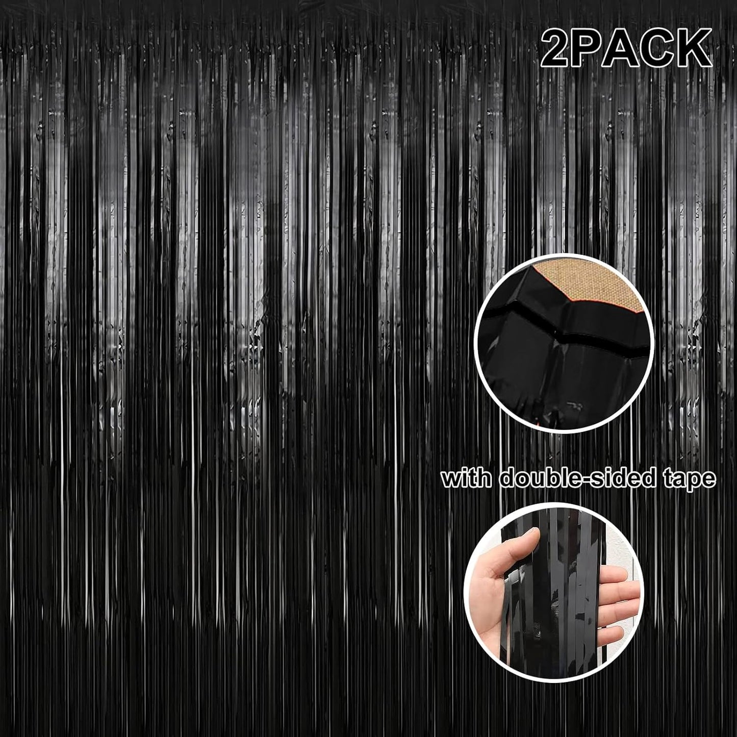 2 Pack 3.28 ft x 6.56 ft Black Tinsel Curtain Party Backdrop Decorations, Metallic Foil Fringe Backdrop Door for Halloween, Christmas, Birthday Graduation Wedding Party Streamers Photo Backdrop.