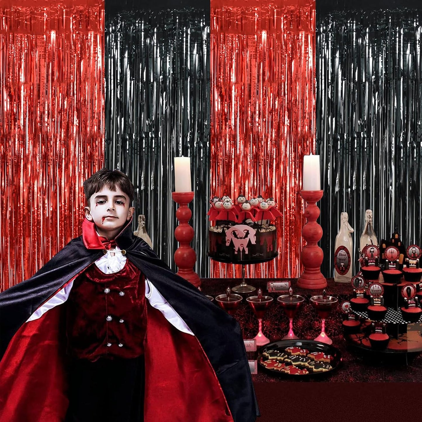 BEISHIDA 4 Pcs Red and Black Door Streamers Foil Curtain Red and Black Party Decoration Backdrop for Casino Theme Scream Halloween Supplies Graduation Birthday Party Decorations (3.28 ft x 6.56 ft)