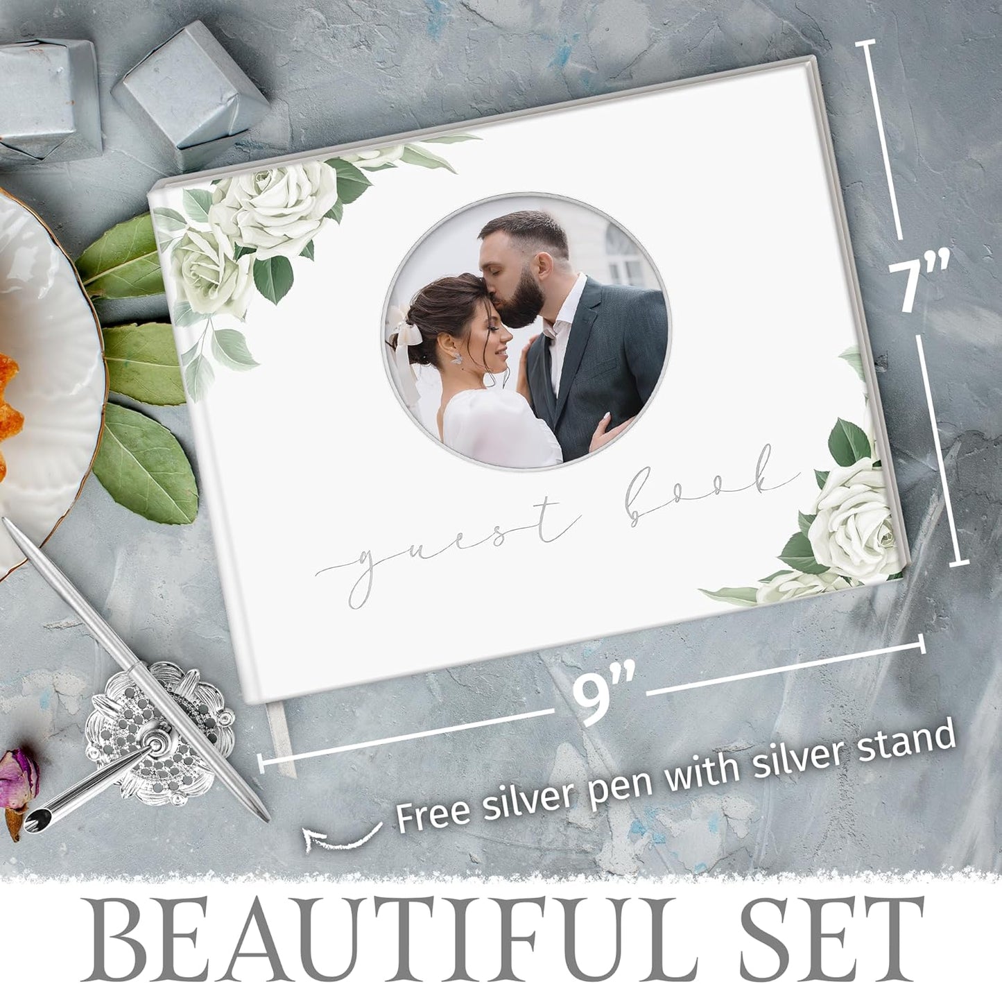 Wedding guestbook Cover Size 8x10 inch, Wedding Memory Book Bundle with a Pencil, Guest Wedding Book, Full Color Printing with Round Photo Frame.
