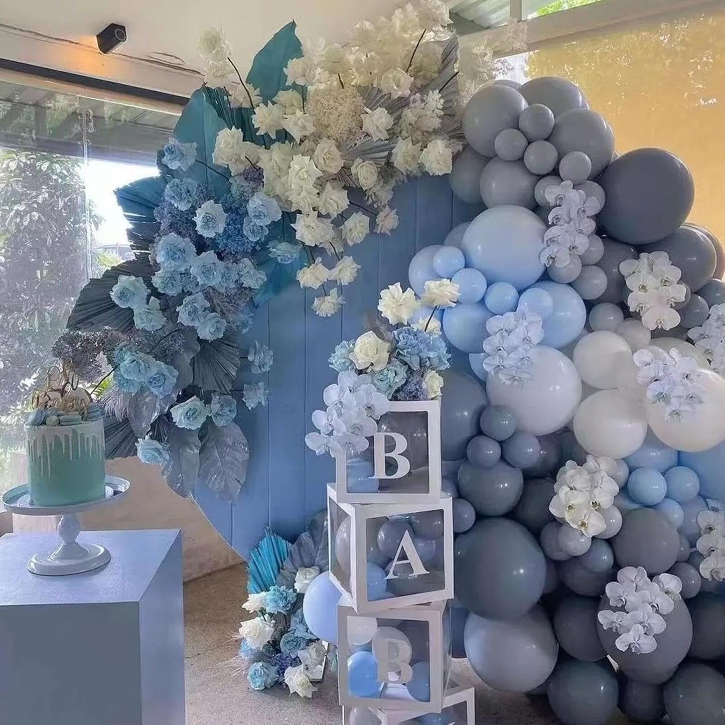 412Pcs Dusty Blue White Sand Balloon Arch Garland Kit,18 12 10 5 Inch Slate Fog Baby Blue Macaron Blue Sand White for Birthday Baby Shower Wedding Bridal Gender Reveal Decorations