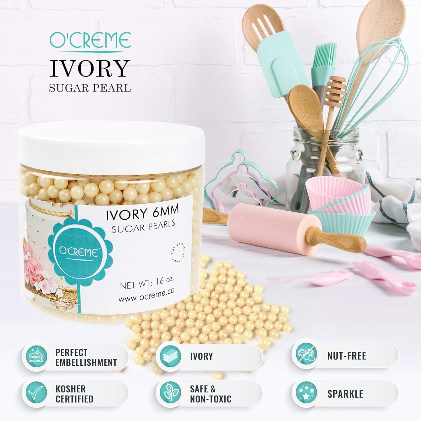 O'Creme Ivory Edible Sugar Pearls Cake Decorating Supplies for Bakers: Cookie, Cupcake & Icing Toppings, Beads Sprinkles For Baking, Certified, Candy Sugar Ball Accents (2mm, 8 Oz)