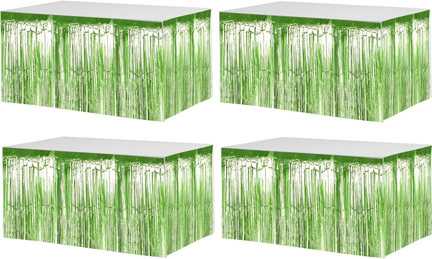 4 Pack 29x108 Inch Metallic Foil Fringe Tinsel Table Skirts for Rectangle Tables Streamer Backdrop for Wedding, Birthday, Parade Floats, Christmas, Halloween Party Decoration(Light Green)