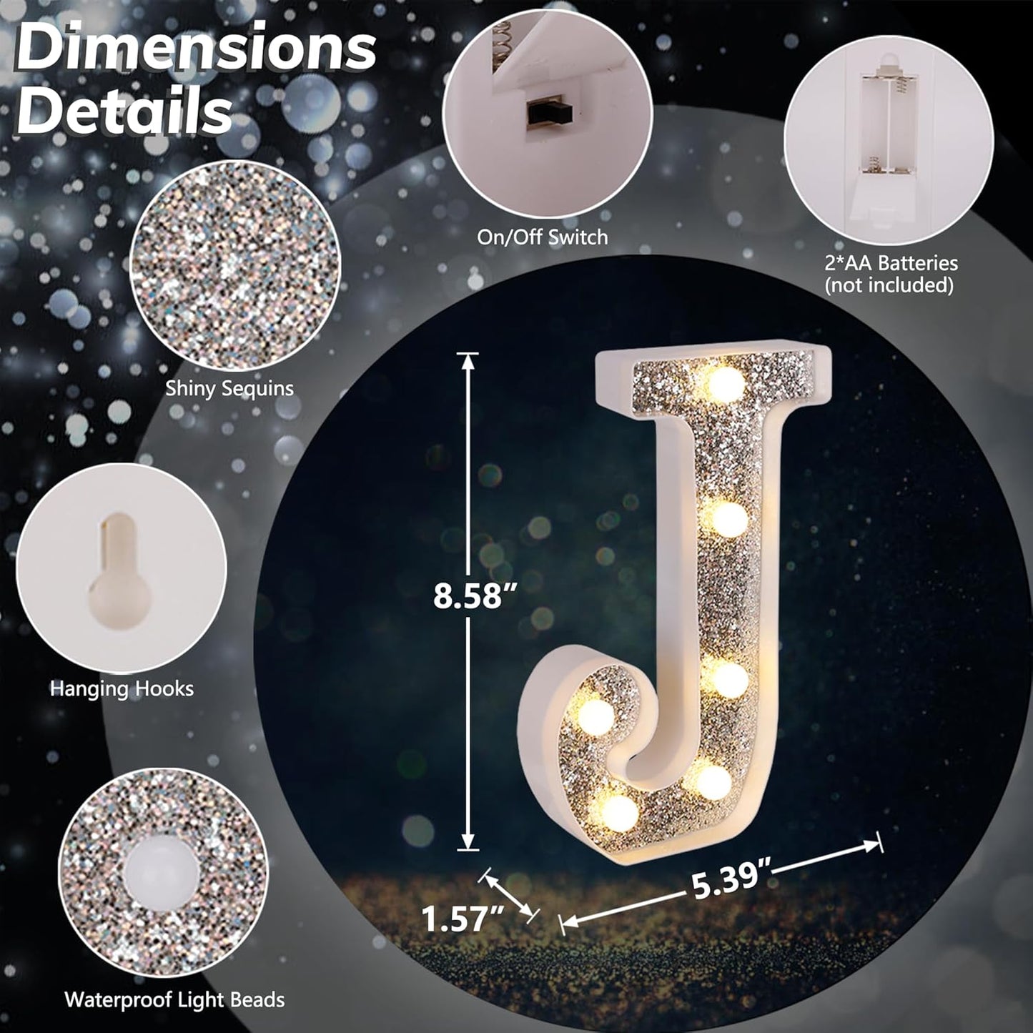 Marquee Light Up Letters, Glitter Silver LED Letter Lights Battery Powered Alphabet Letter Sign for Night Light Wedding Birthday Party Cafe Bar Decoration Girls Room Decor - J