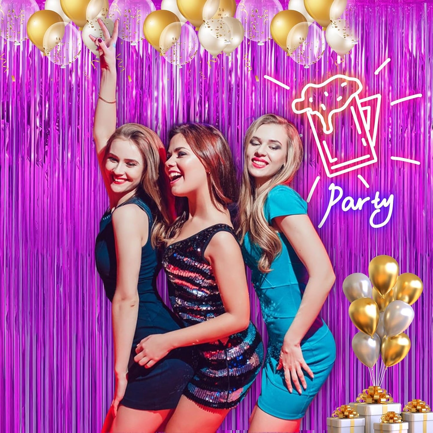 2 Pack 3.28 ft x 6.56 ft Rose Red Tinsel Curtain Party Backdrop Decorations, Metallic Foil Fringe Backdrop Door for Halloween, Christmas, Birthday Graduation Wedding Party Streamers Photo Backdrop.