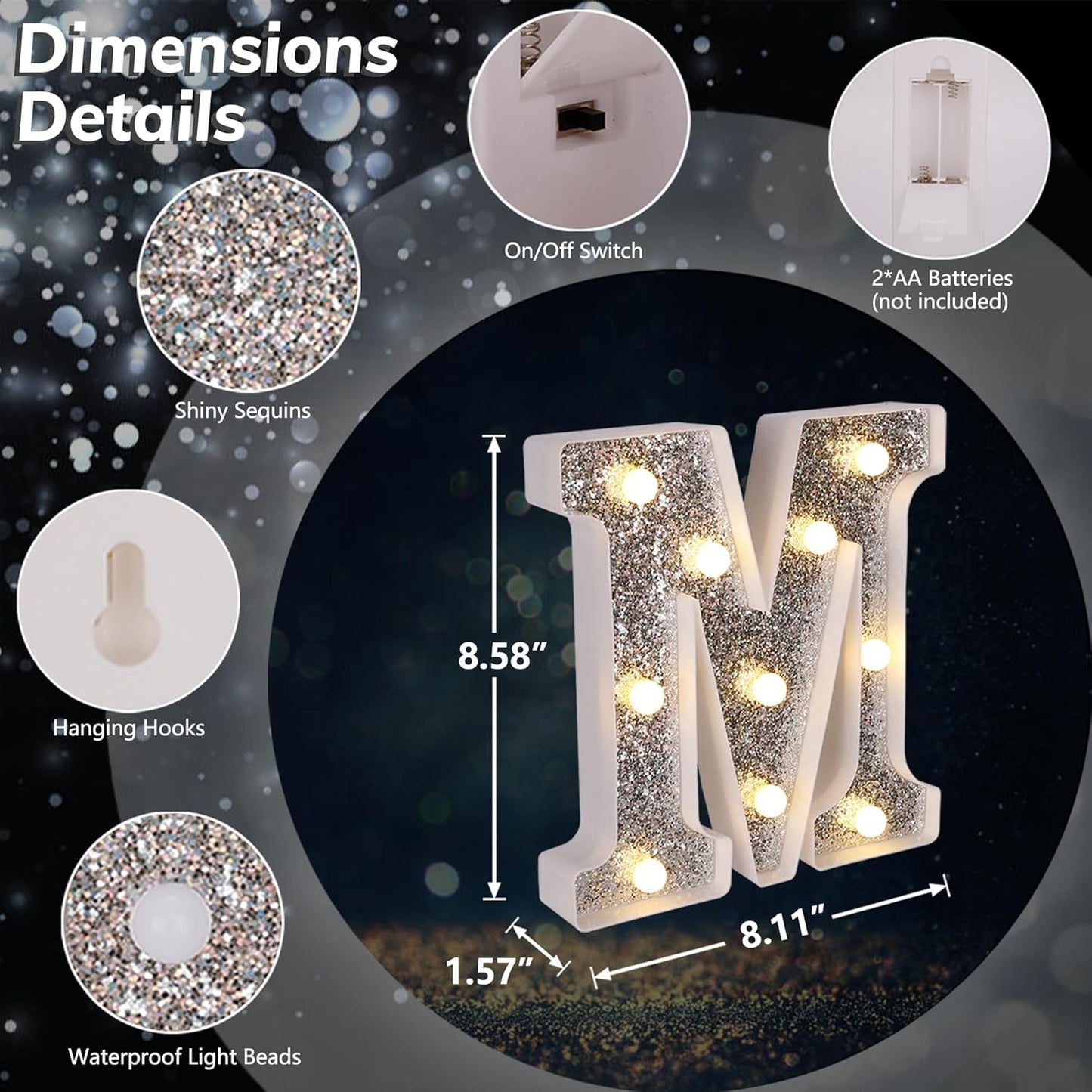 Marquee Light Up Letters, Glitter Silver LED Letter Lights Battery Powered Alphabet Letter Sign for Night Light Wedding Birthday Party Cafe Bar Decoration Girls Room Decor - M