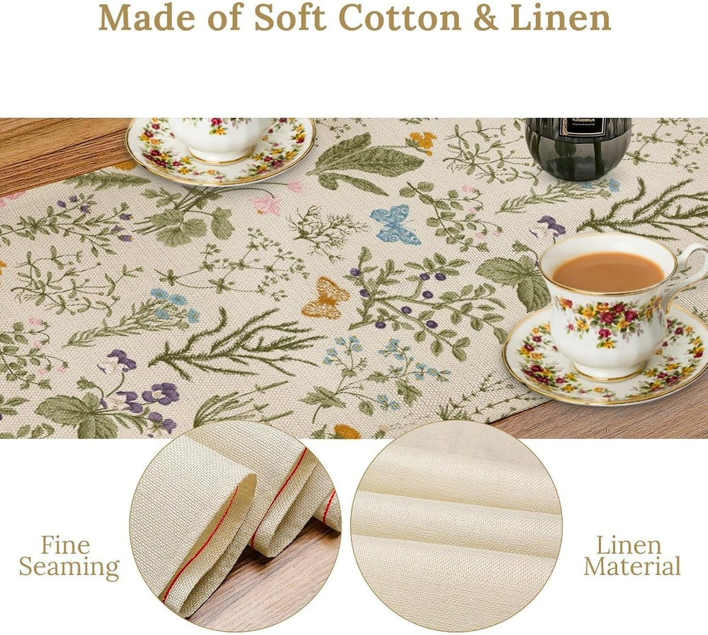 Wildflowers Floral Table Runner, Retro Flower Butterfly Seasonal Spring Summer Kitchen Dinning Table Runner for Indoor Outdoor Home Wedding Party Holiday, 13x120 Inch